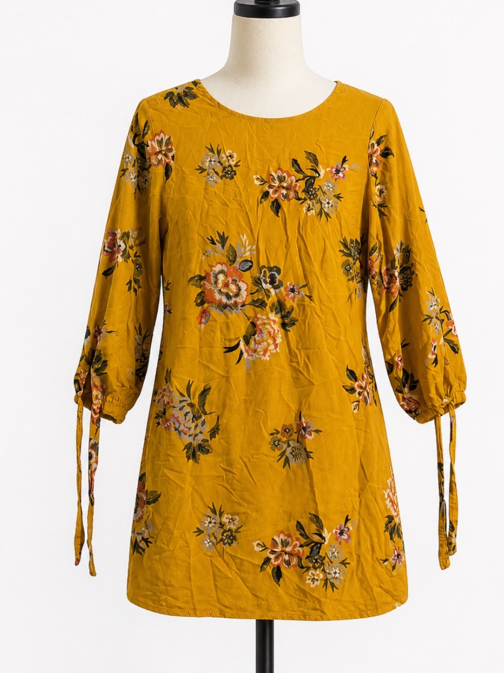 Old Navy Mustard Yellow Floral Dress Boho Tie Sleeve